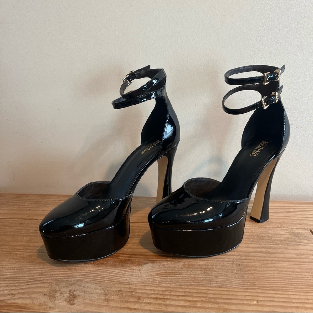 MICHAEL Michael Kors Martina Black Patent Leather Strappy Platform Pumps Size 7M - Picture 14 of 16
